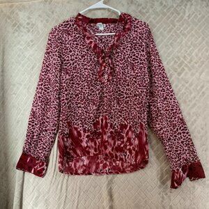 Uniti Casuals Womens Large Blouse Red Animal Print Pop Over Long Sleeve Collared